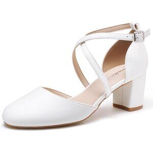 Women's White Synthetic Round Toe Cross Strap Low Block Heeled Dress Pumps